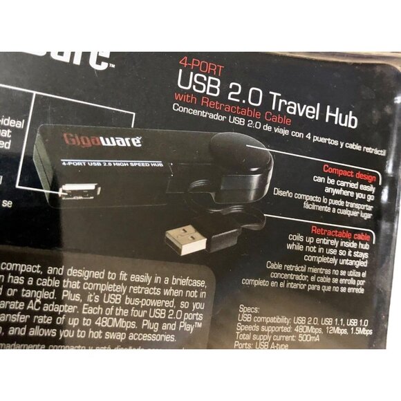 Gigaware 4-Port USB 2.0 Travel Hub with Retractable Cable Used - Picture 6 of 8